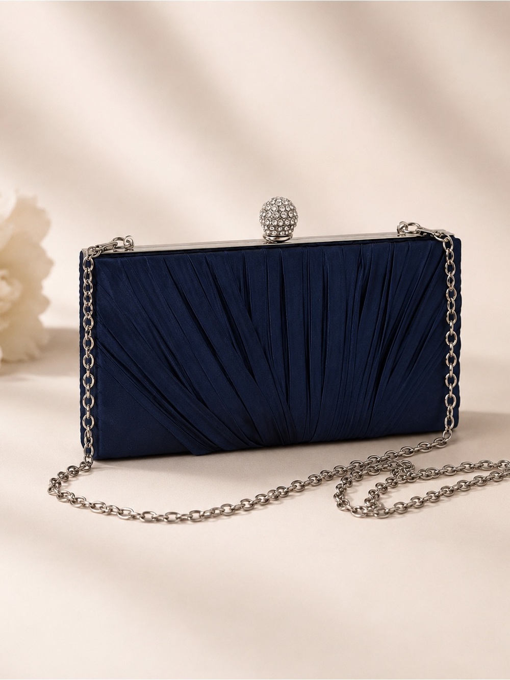 Kate Landry Navy Satin Pleated Evening Clutch with Silver Chain